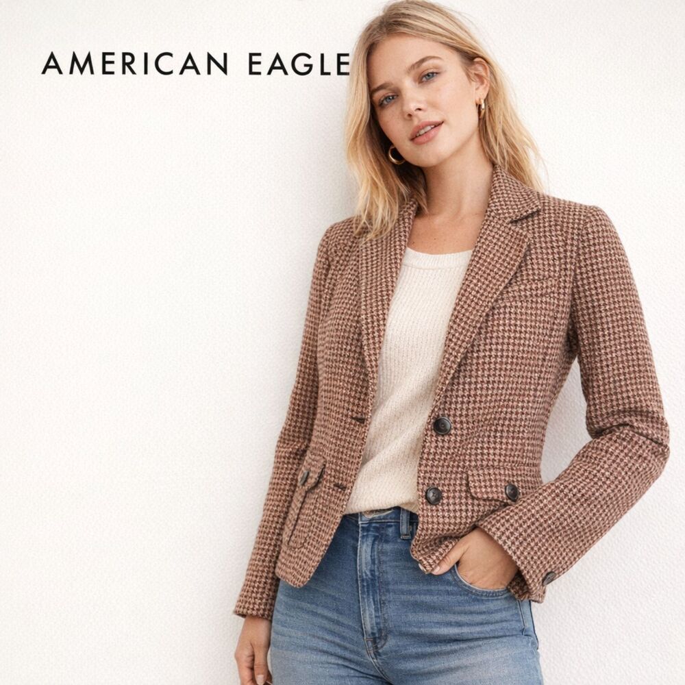 American Eagle Houndstooth Wool Blazer Womens Sz S Y2K Ivy League Heritage Prep